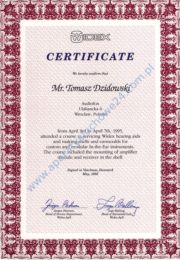 Certyfikat WIDEX